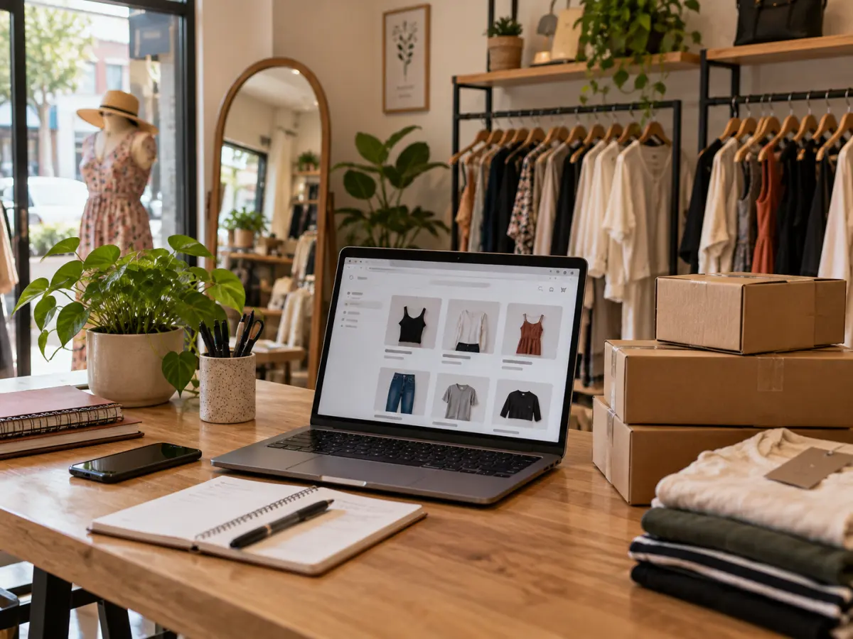 Tienda de ropa pequeña con prendas colgadas y un computador con la tienda en línea