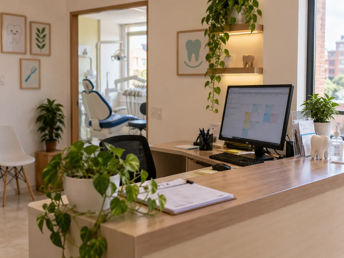 Recepción de un consultorio odontológico con la agenda en pantalla