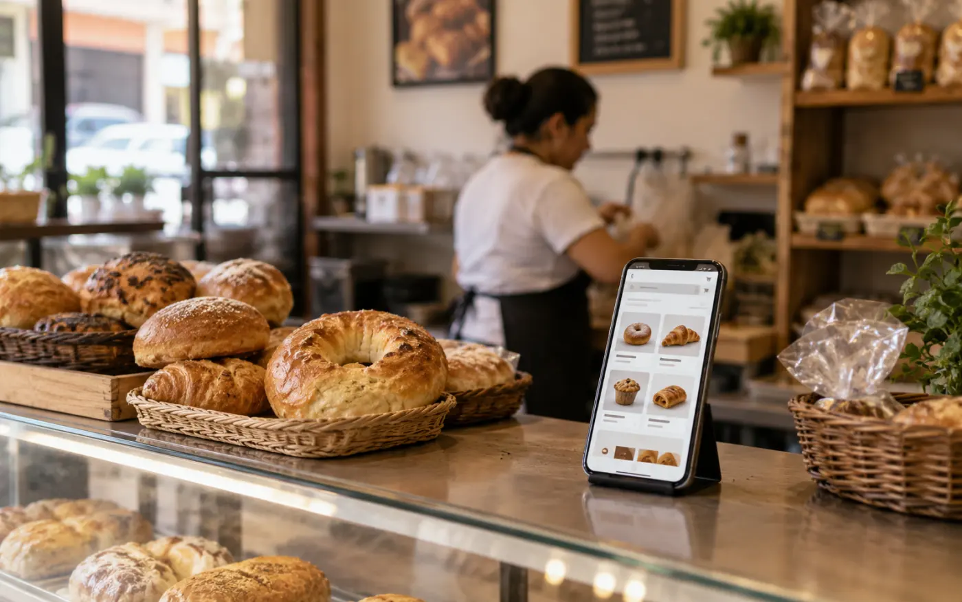 Catálogo web de la panadería abierto en un celular sobre el mostrador